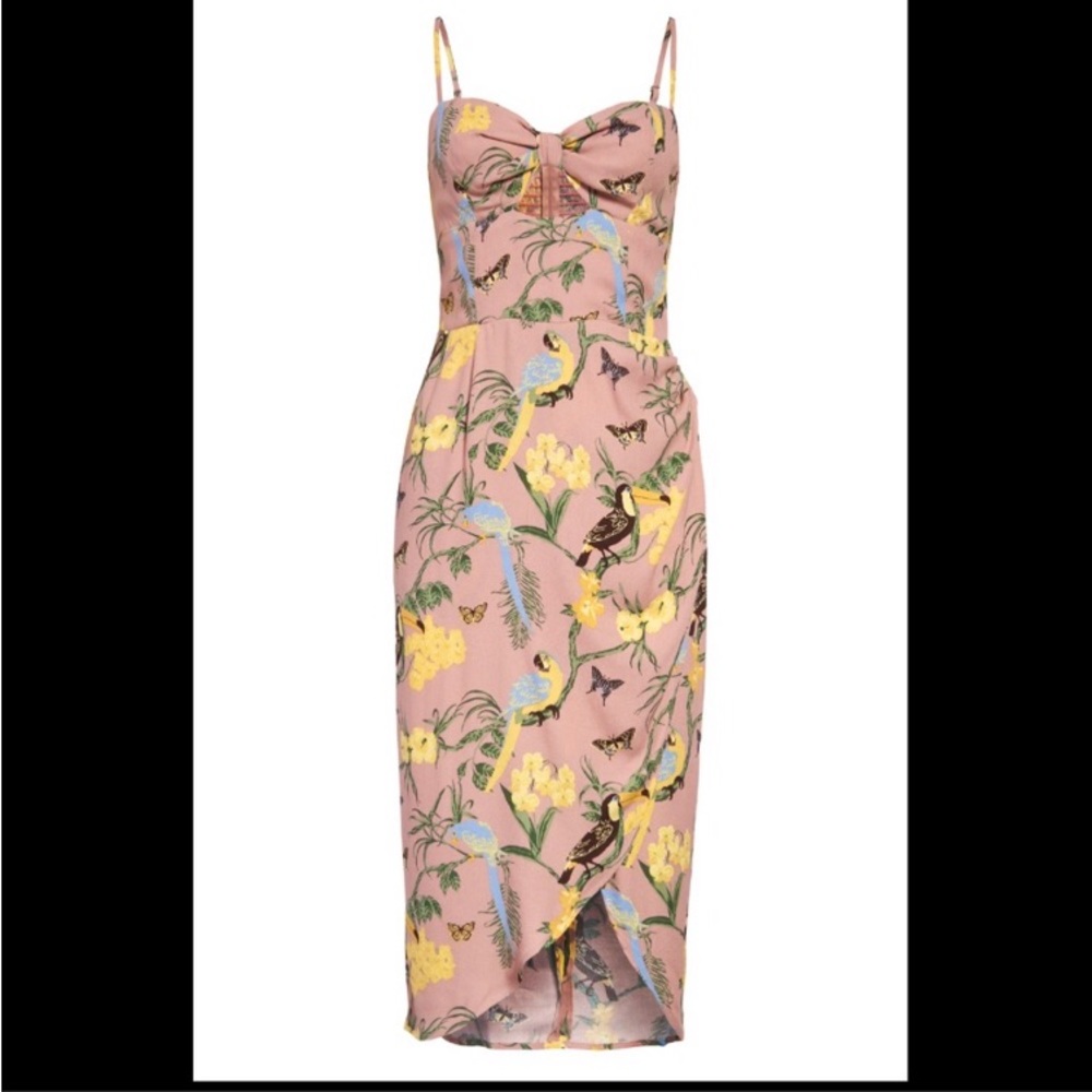 Reformation Aero Keyhole Faux Wrap Midi Dress in Bird Conga Print on Blush 6